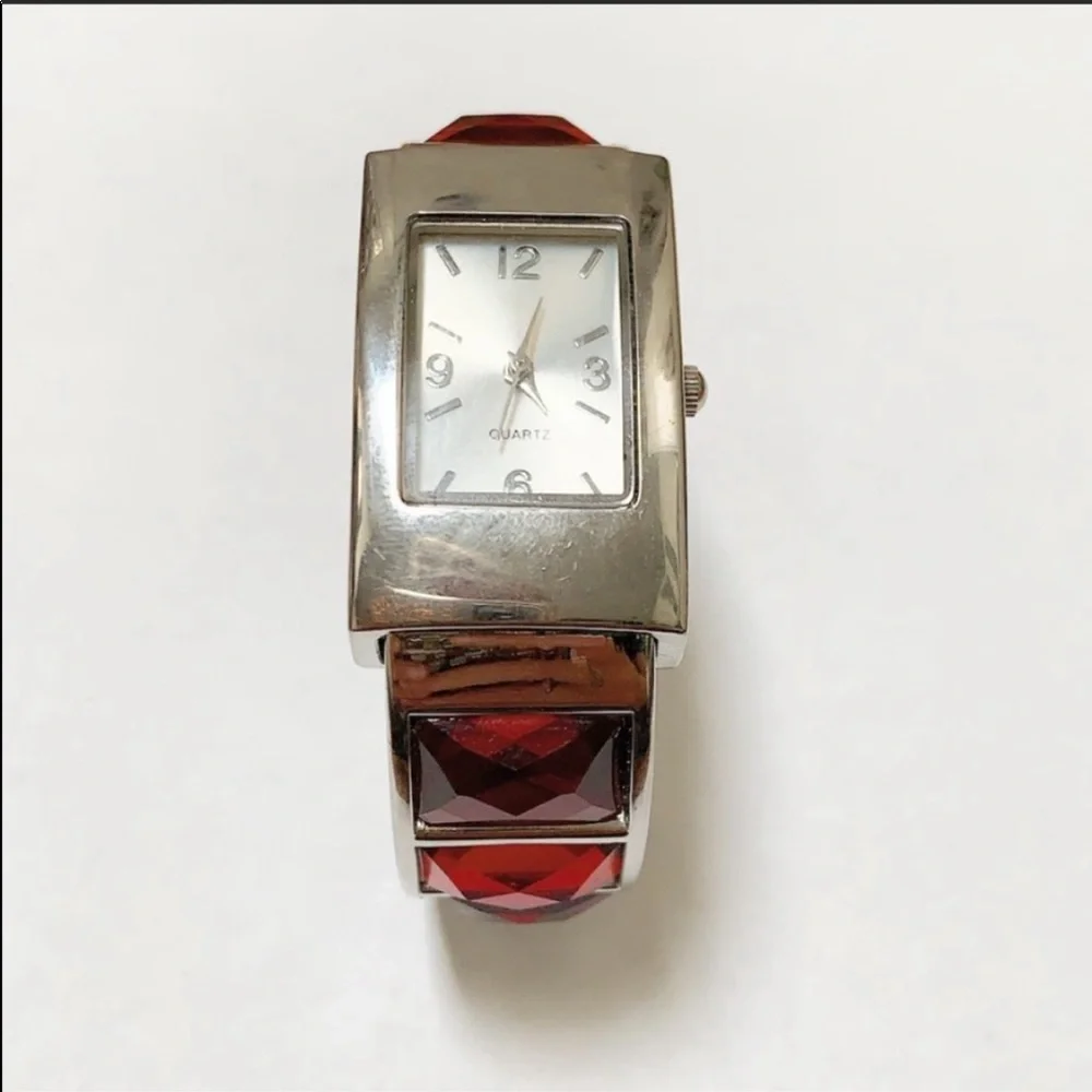 Red silver rhinestone hinged bracelet watch